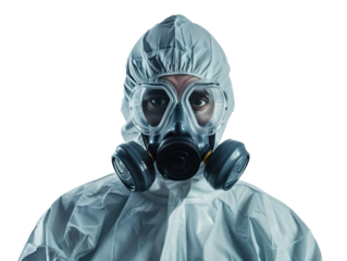 A Man in a Protective Suit and Gas Mask