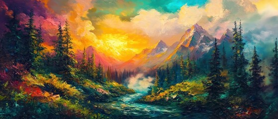 Fototapeta premium Majestic Mountain River Sunset Landscape Painting