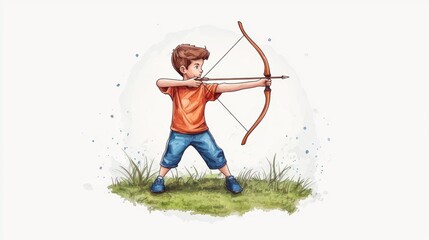 Fototapeta premium A young boy in an orange shirt aims a bow and arrow, focused and poised for action in a grassy field.