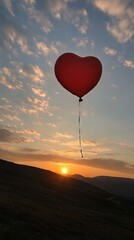 Fototapeta premium Heart Balloon Floating in Sunset Sky Over Mountains