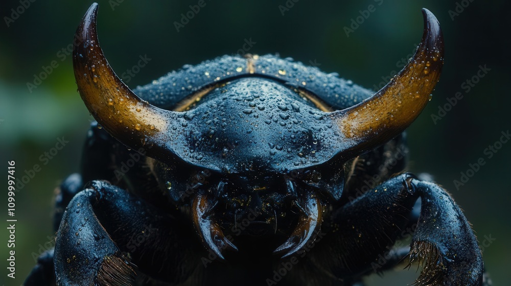 Poster a striking close-up of a fierce beetle showcasing its intricate features and glossy textures. the im