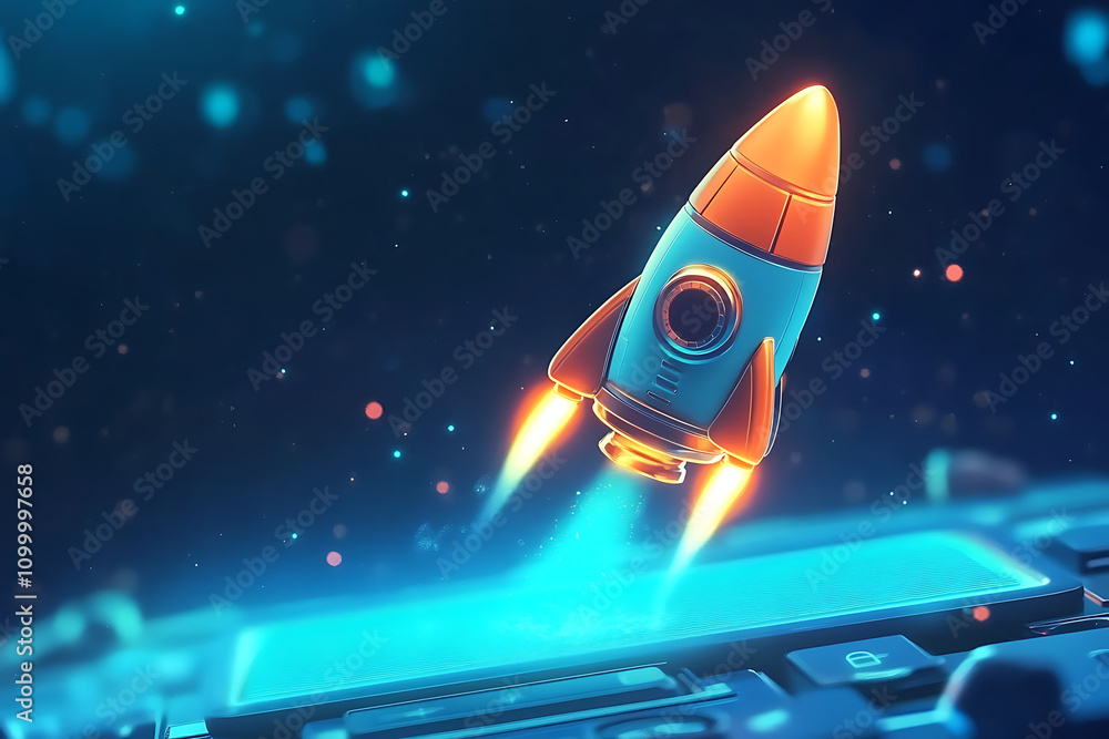 Poster a colorful rocket launching from a keyboard, symbolizing innovation and technology.