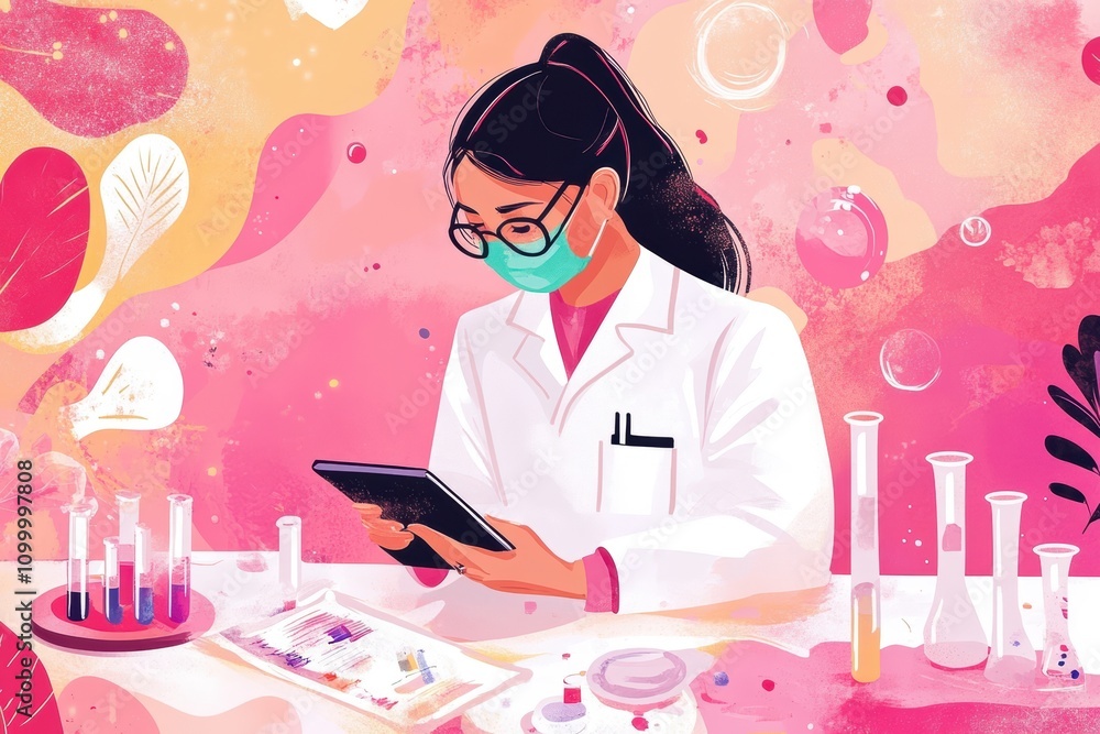 Poster a scientist in a lab coat examines data on a tablet surrounded by laboratory equipment.