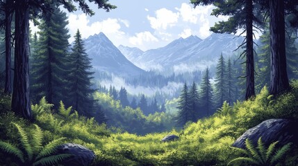 Majestic Mountains View From A Verdant Forest Clearing