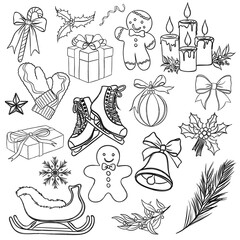 Christmas new year stickers in cartoon style. Holiday Christmas Sticker Set Free Hand Drawn