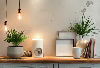 A table featuring a plant and a candle.