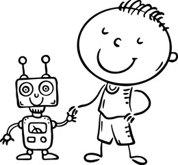 Outline doodle boy playing with toy robot. Cartoon kid using electronic devices, child and digital technology