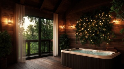Fototapeta premium A serene wooden interior featuring a cozy hot tub surrounded by lush greenery and warm lighting, perfect for relaxation and tranquility.