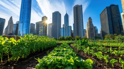 Fototapeta premium Lush Urban Greenery Amid Towering Skyscrapers in Vibrant Modern City