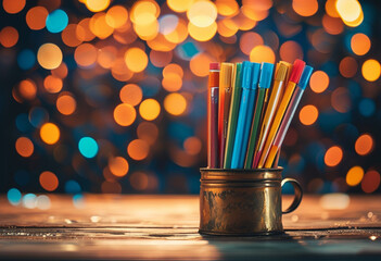 Close-up of a cup holding colored pencils.