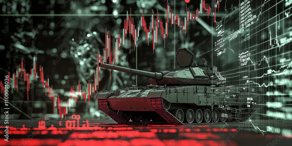Poster modern military tank is depicted against backdrop of digital financial data, symbolizing intersectio