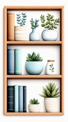 A stylish shelf displays various potted plants alongside books, combining greenery with minimalistic decor for a fresh, modern aesthetic.