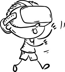 Outline cartoon boy wearing a VR headset, doodle kid using virtual reality glasses. Children using digital technology