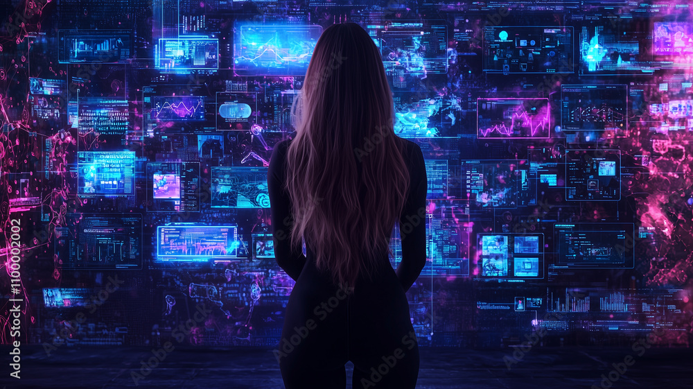 Aufkleber woman stands in front of vibrant digital display filled with animated data and graphs, creating futuristic and immersive atmosphere