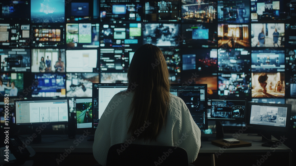 Poster woman sits in front of multiple screens displaying various digital content, immersed in high tech environment. room is dimly lit, highlighting vibrant screens