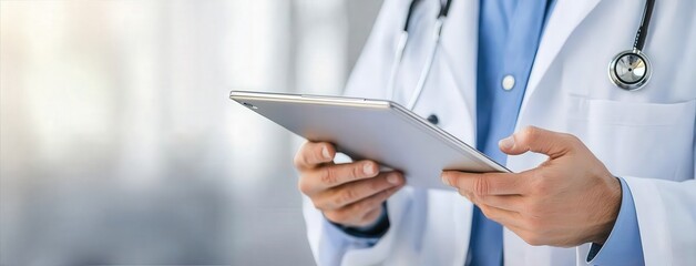 A doctor reviewing electronic medical records on a high-tech digital tablet, representing the integration of technology in modern medicine, isolated on white background, no shadow,