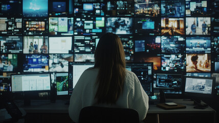 woman sits in front of multiple screens displaying various digital content, immersed in high tech environment. room is dimly lit, highlighting vibrant screens
