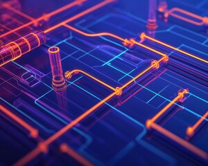 Modular electrical grid system, advanced engineering blueprint, 3D illustration