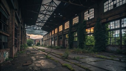 Abandoned factory interior with rusting machinery and cracked surfaces