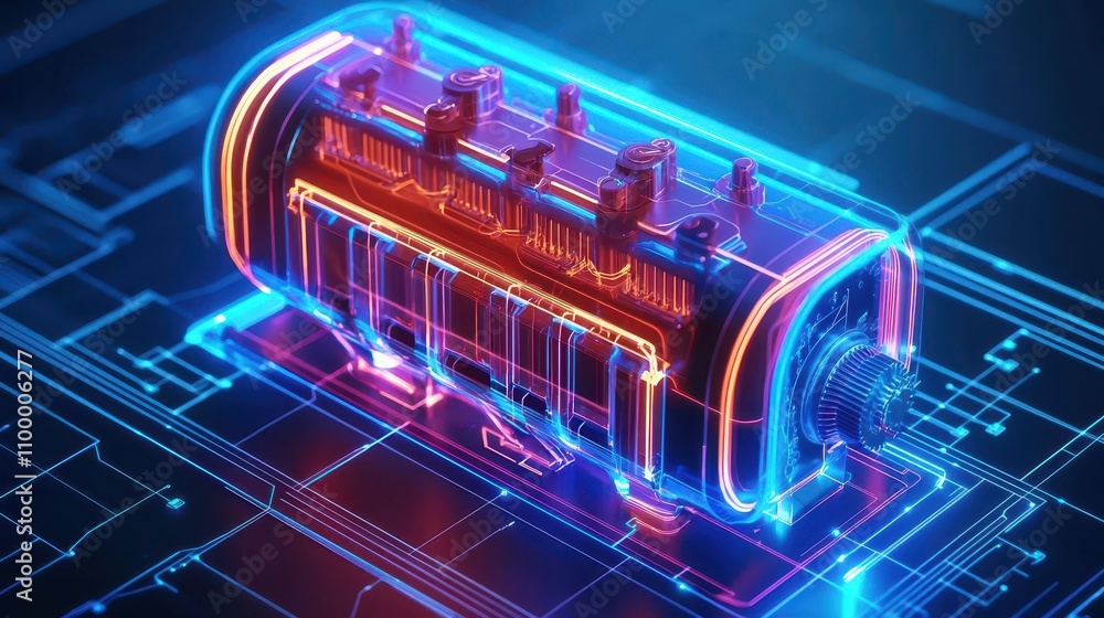 Poster Compact transformer system, crosssectional electrical blueprint, futuristic design, 3D illustration