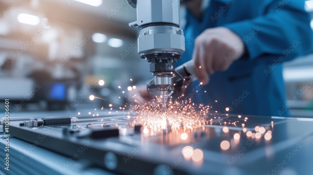 Poster close-up of a precision machine creating sparks during the manufacturing process in a modern industr