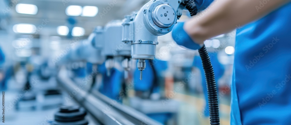 Poster close-up of robotic arm in modern factory highlighting advanced technology in automation and manufac