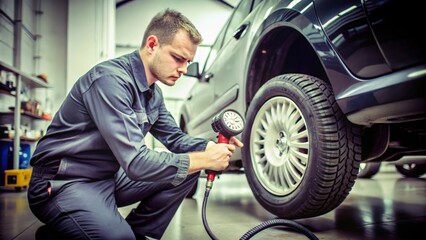 Obraz premium A Mechanic Inflating a Car Tire with an Air Compressor