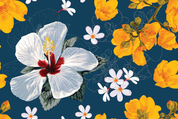 Floral seamless pattern with Hibiscus and Cochlospermum religiosum​ flowers background.Vector illustration hand drawing. For textile,curtain,fabric pattern print design.