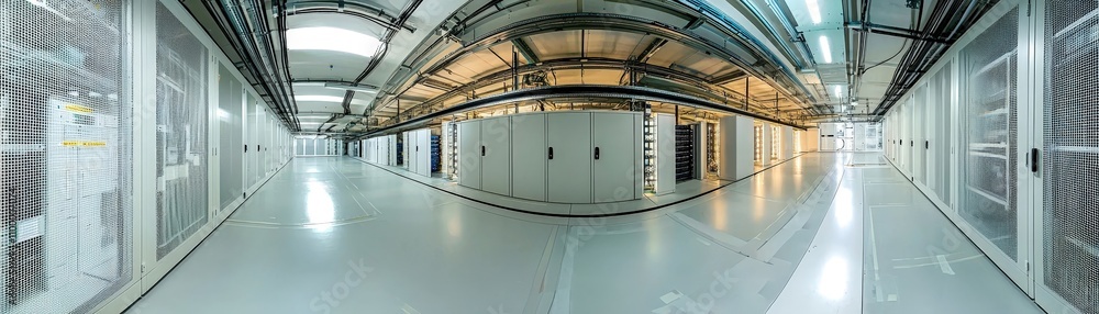 Poster modern data center interior with rows of server racks and optimized workflow space for technology so