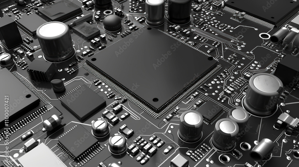 Poster close-up of intricate tech black circuit board with metallic components