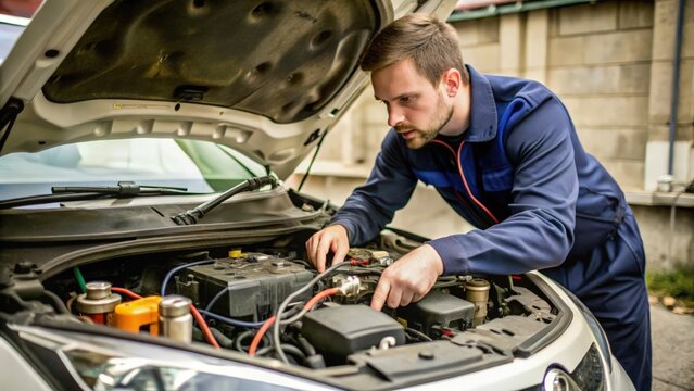 Mechanic examining the engine compartment of a car