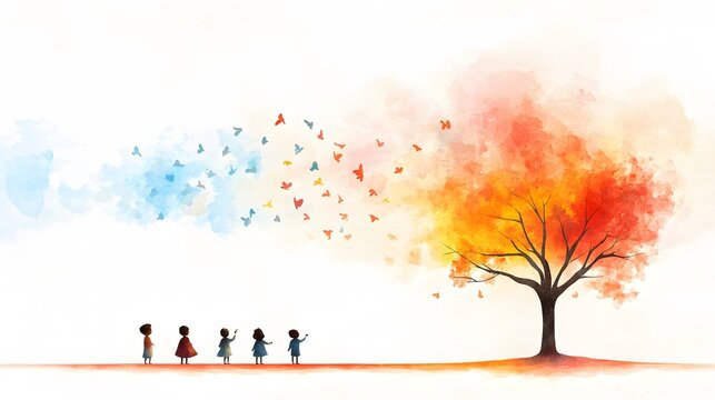 Watercolor painting of children learning their mother language under a vibrant tree of letters