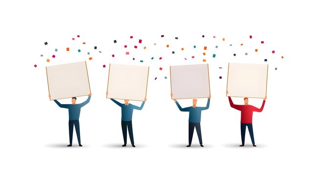 Illustration of people holding banners celebrating linguistic diversity in a colorful setting