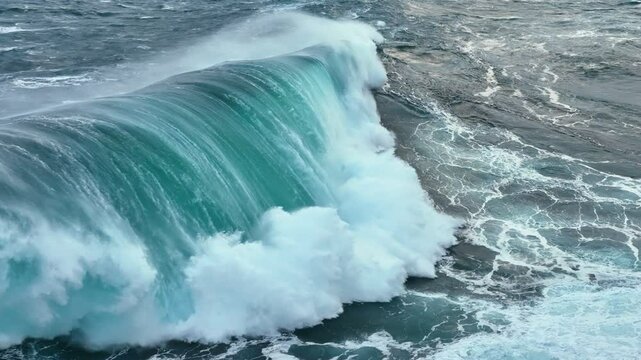 Powerful ocean waves crash against the shore. Aerial shot of gaint ocean waves. Slow motion