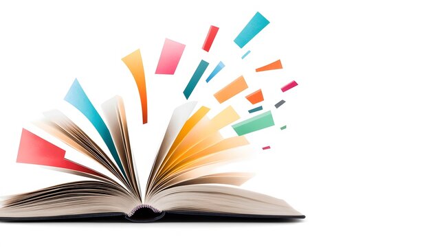 Watercolor art of an open book with words forming a colorful rainbow of languages