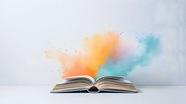 Watercolor art of an open book with words forming a colorful rainbow of languages
