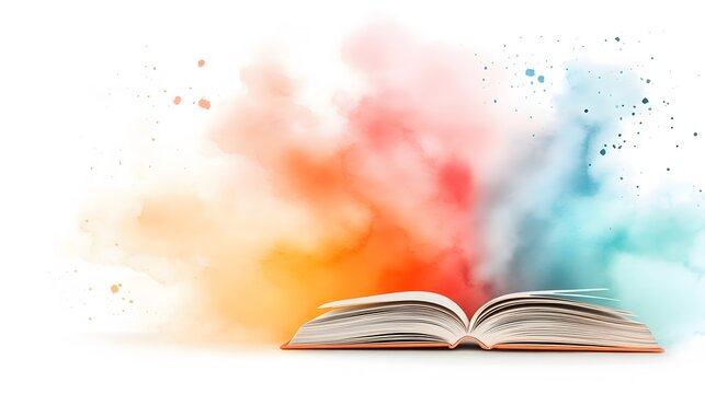 Watercolor art of an open book with words forming a colorful rainbow of languages