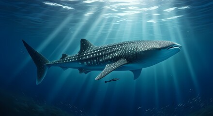 Obraz premium Spotted Whale Shark Swimming through the Sea or Ocean, Blue Water with Sunlight Beems Streaming.