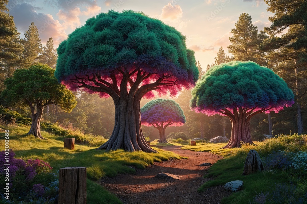Poster secluded viewpoint of a vibrant three-dimensional tree grouping in artistic visualization