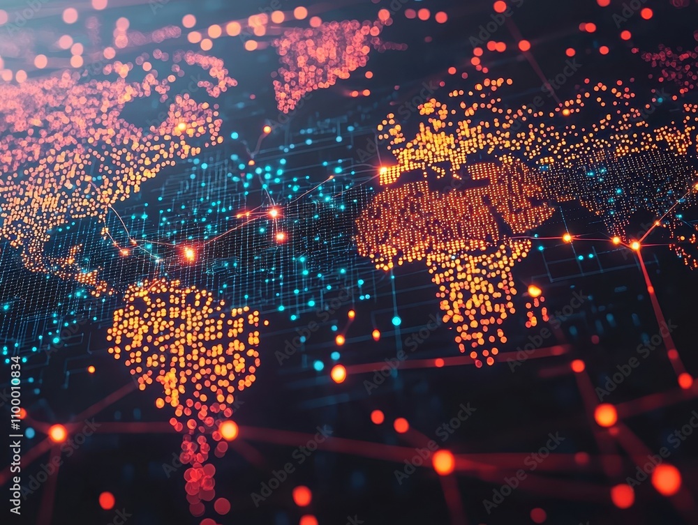 Poster a digital representation of the world map, showcasing interconnected nodes and vibrant colors, symbo