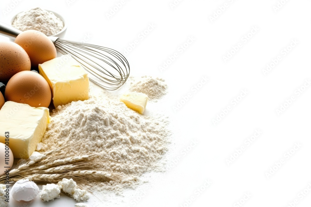 Poster flour, eggs, butter, and a whisk are neatly arranged on a white background, providing a clean worksp