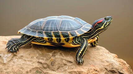 Obraz premium vibrant red eared slider turtle basking on rock by the water animal wildlife photography