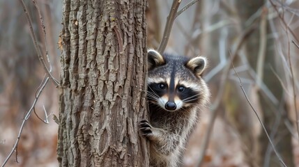 Obraz premium Curious raccoon peeking from behind tree in tranquil forest setting animal wildlife photography