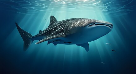 Obraz premium Spotted Whale Shark Swimming through the Sea or Ocean, Blue Water with Sunlight Beems Streaming.