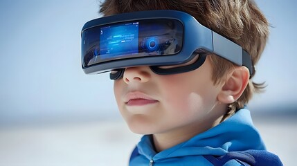 Close-up of a pre-teen's eyes with an overlay of virtual reality, symbolizing engagement with advanced tech.Double Exposure.[Pre-teen]:[Technology] 