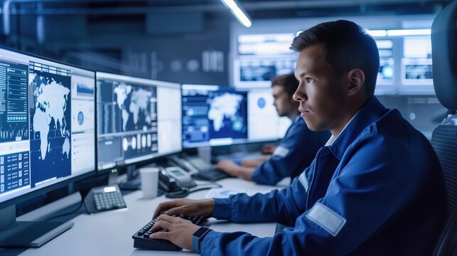 Focused male Asian technician working on multiple monitors in control room
