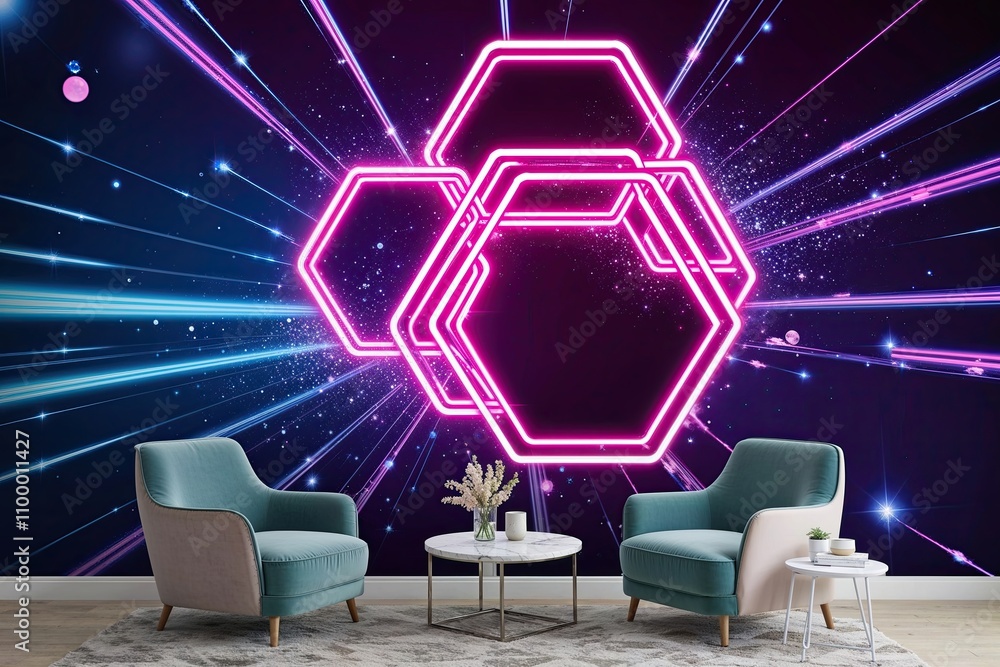 Aufkleber dynamic 3d neon hexagonal tableau with sparkling lines and contemporary wallpaper