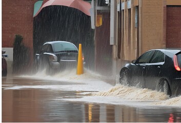 car rides in heavy rain on a flooded road