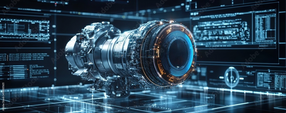 Poster a futuristic engine design displayed against a digital interface, showcasing advanced technology and