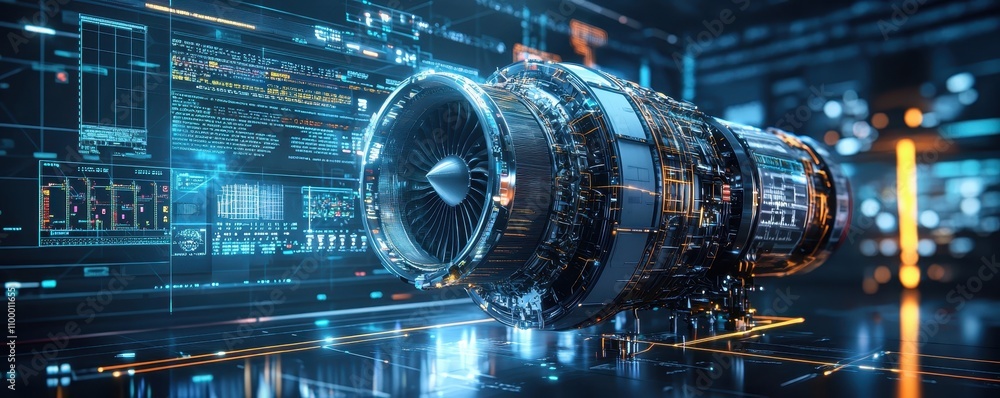 Poster a futuristic jet engine with glowing digital interfaces and intricate mechanical details set against